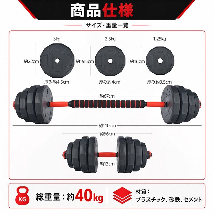 ダンベル 可変式 40kg 20kg 2個セット 12角 ダンベルセット バーベル