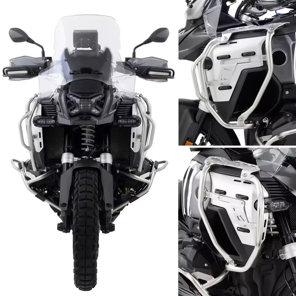 BMW R1300GS Adventure 2024年～対応 タンクガード エンジン周辺プロテクター ステンレス製 ブラック／シルバー 左右一体構造 補強ステー・荷掛けポイント付き バイク外装保護パーツ