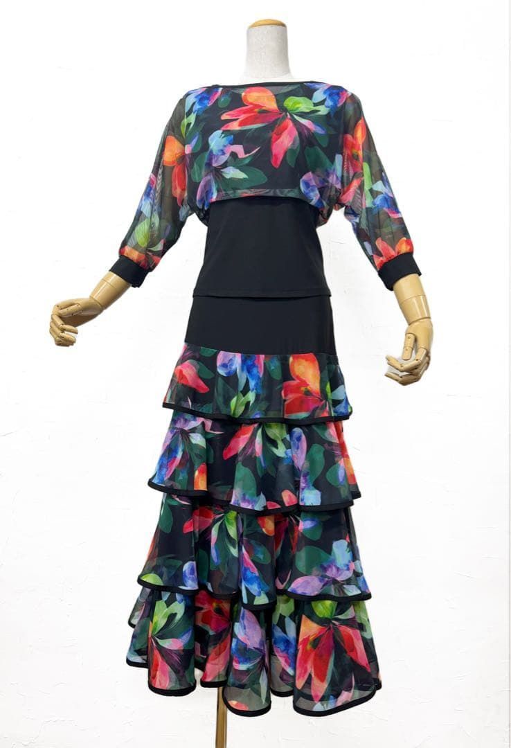 【艶めく】新品　社交ダンスカラフル花柄フリル セットアップ ツーピース ｂ413 艶めく】新品 社交ダンスカラフル花柄フリル セットアップ ツーピース