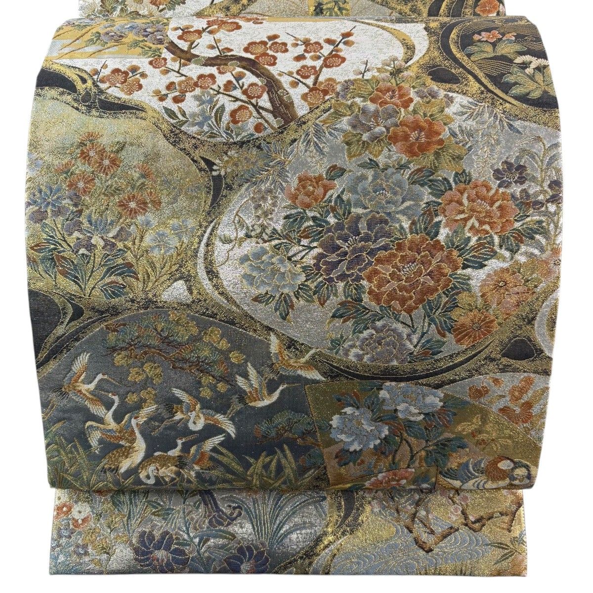 【美品】 丸帯 名品 琳派流水名勝図 松竹梅 金糸 箔 銀色 全通 正絹 【中古】