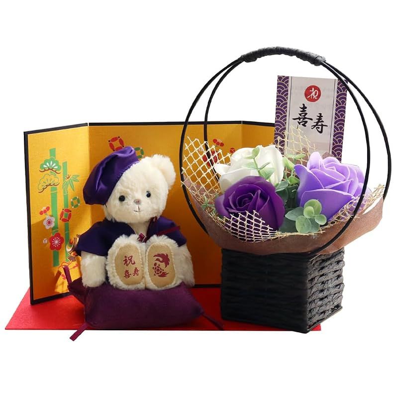 【新品】 【プティルウ】77歳 のお祝いに贈る、紫ちゃんちゃんこを着た 喜寿ベア (金屏風 フレグランスソープフラワー) 12cm 小 サイズ 喜寿 0