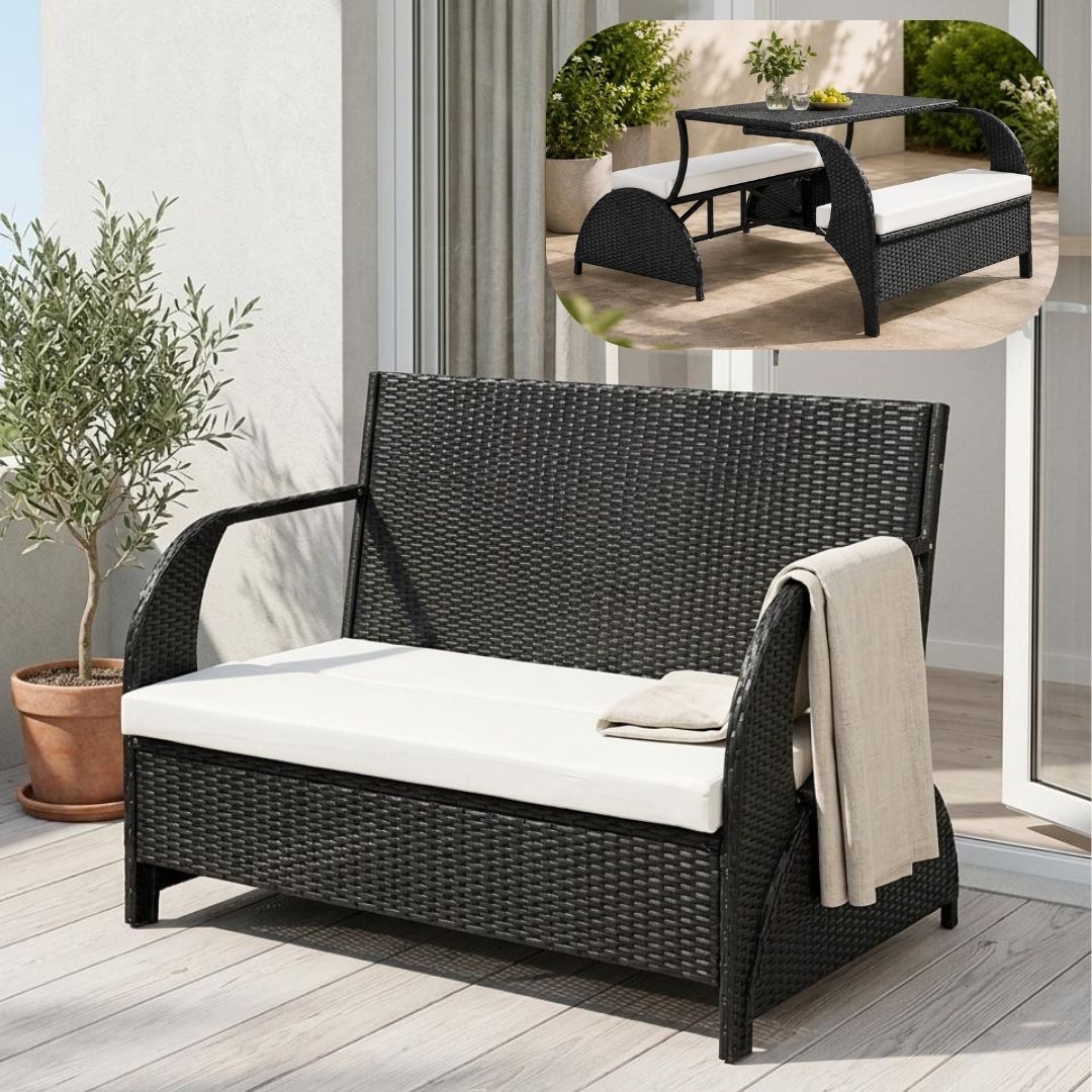 【9月中旬頃発送】ガーデンソファ テーブルセット 2way ラタン調 屋外家具 ベランダ テラス サイズ80×114.5×96cm 耐荷重ソファ320kg テーブル80kg HDPE+LDPE スチールフレーム 本体ブラック クッションアイボリー グレー