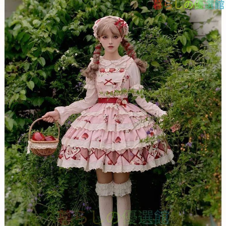 新品未使用 重工刺繍プリント リンゴ園テーマ ロリータスカート＆トップスセット 大フレアデザイン 秋用 双子コーデ対応 上品で可愛い 高品質 撮影用ドレス 推し活 パーティー衣装 仮装 イベント用 おしゃれで人気 プレゼントにも最適 cp828