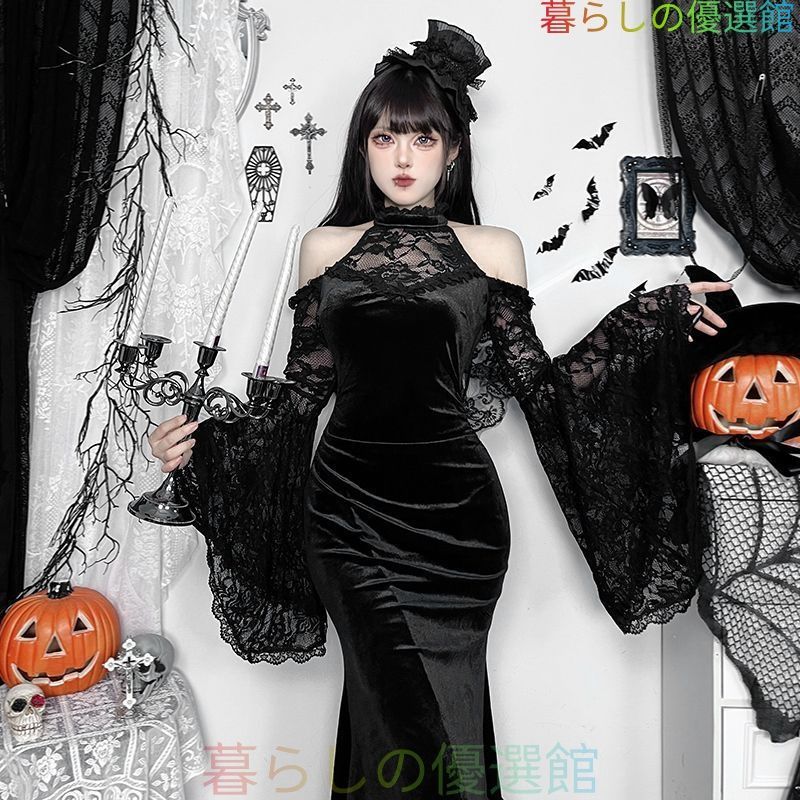 新品未使用 暗黒ゴシック オフショルダー 長袖 ヴィンテージ風 ロングドレス 秋冬用 シックで妖艶なデザイン 包み込むシルエット ウエストシェイプ 女性用 夜会 衣装 撮影会 コスプレ ハロウィン衣装 イベント用 プレゼントにも最適 cp828