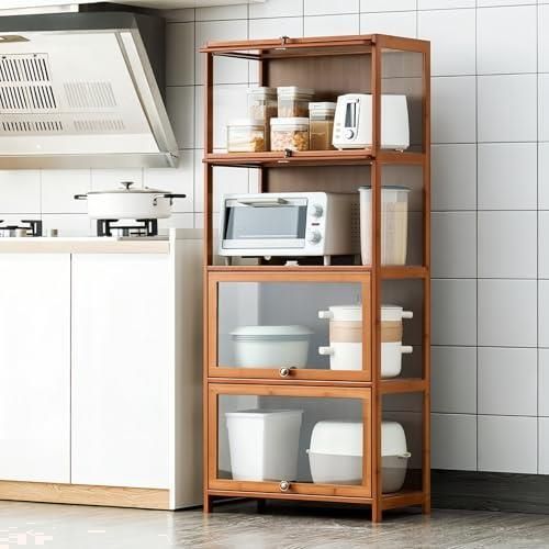 『大人気』 炊飯器 電子レンジ 多機能収納 収納便利 密閉防塵 組み立て簡単 アクリル扉 扉付 調味料入れ 安定性 キッチンキャビネット キャビネット 日本語説明書付き 大容量 キッチンラック 幅60×奥行32×高さ140cm キッチン収納棚 食器棚