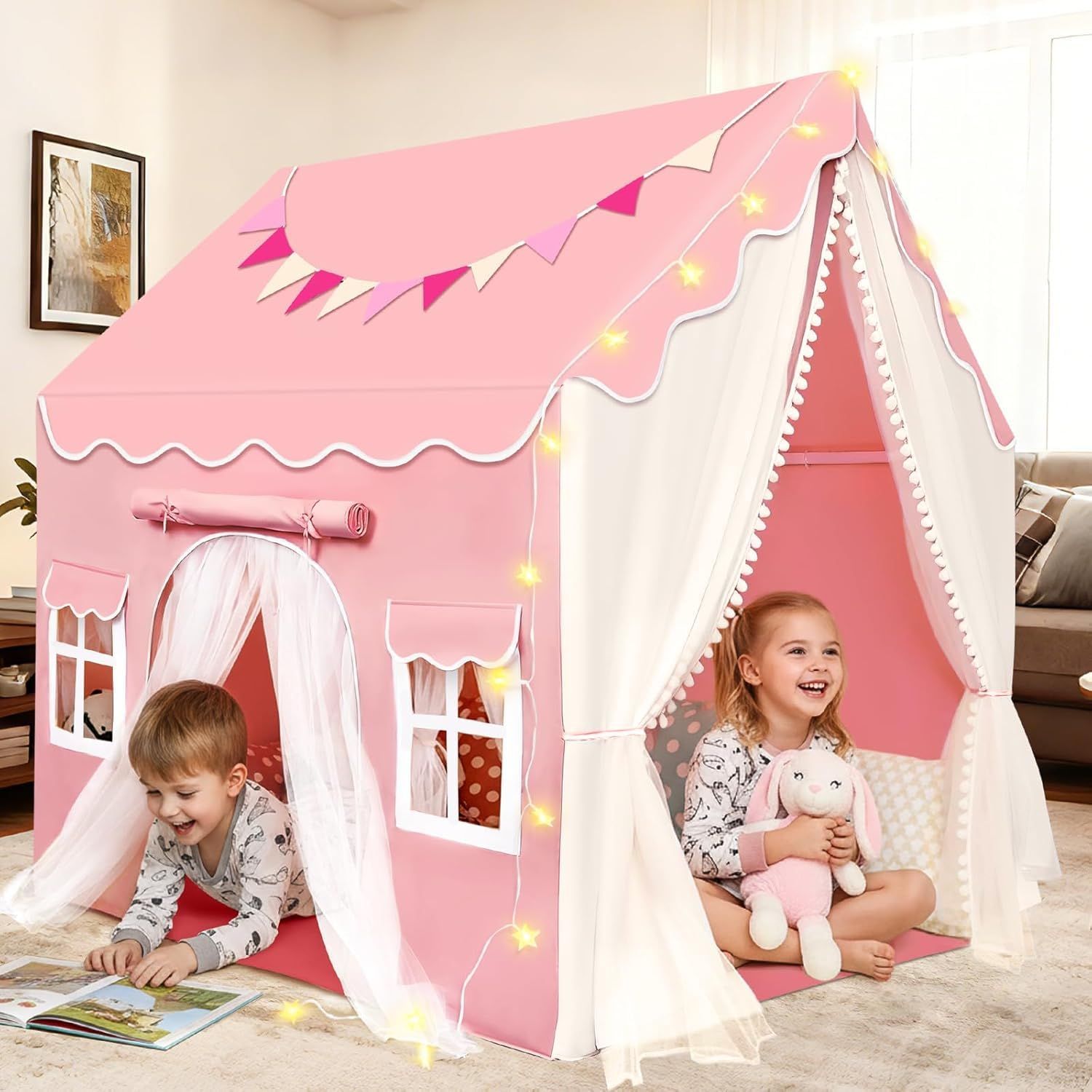 大型キッズテント 子供用プレイハウス 女の子 おもちゃ小屋 屋内屋外兼用 おうち型 両開きダブルドア 窓付きカーテン 星形ライト付き 誕生日プレゼント ピンク 1