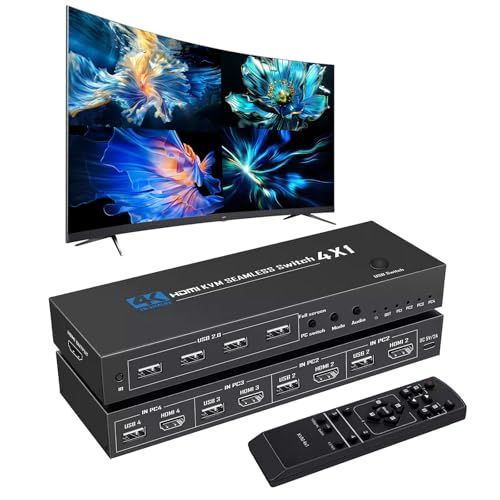 4K@30Hz HDMI USB KVM 画面分割切替器 4 入力 1 出力 画面分割 4 系統同期切替対応 EDID/HDCP 適応 マウスローミング機能 マウス・キーボード共有 （IR リモコン& 日本語取扱説明書付き）ym d0d367e1