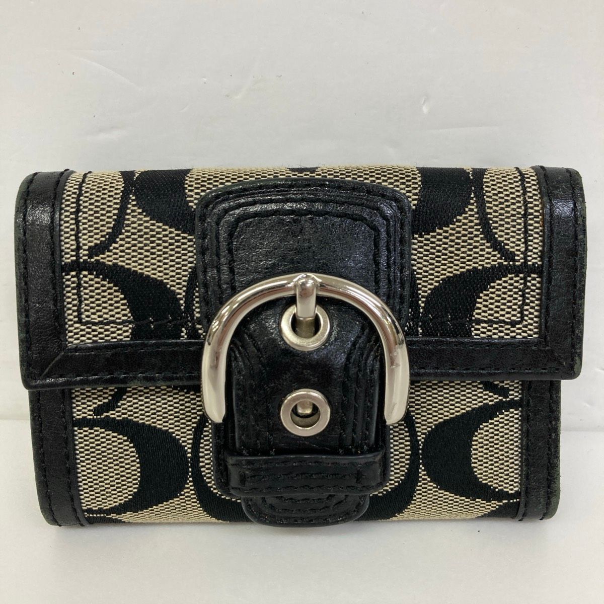 COACH/コーチ シグネチャー 二つ折り財布/コンパクトウォレット キャンバス×レザー ブラック×ベージュ ベルトバックル金具[OR03326]COACH;Minor damages/stains