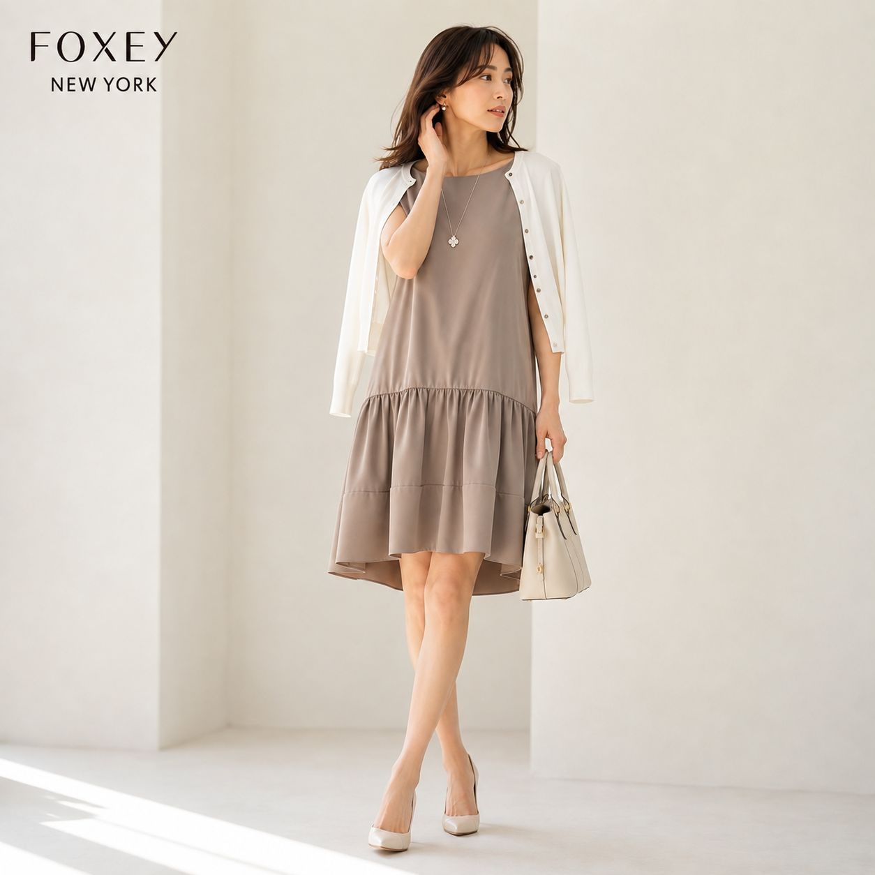 FOXEY NEWYORK 美品 ドレス ワンピース 38 カフェオレ ポリエステル