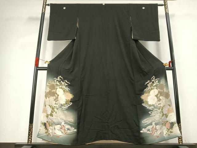 平和屋着物●アンティーク　大正ロマン　黒留袖　刺繍　花鳥文　暈し染め　正絹　逸品　AABK1267fy