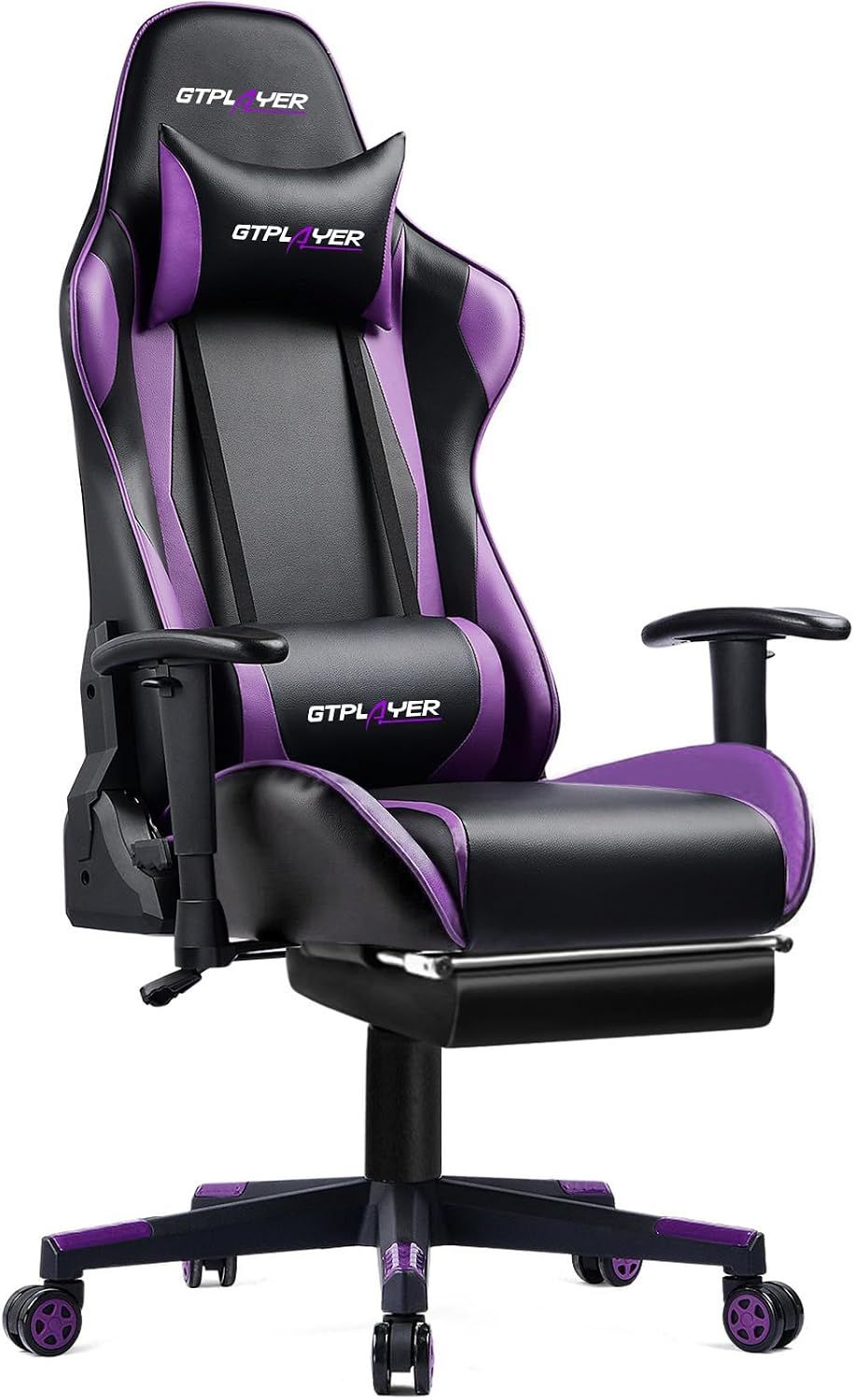GTPLAYERゲーミングチェアオフィスチェアPUレザーリクライニングランバーサポートヘッドレストオットマン付きSGS認証部品使用耐荷重136kg一年保証GTP002F-PURPLE