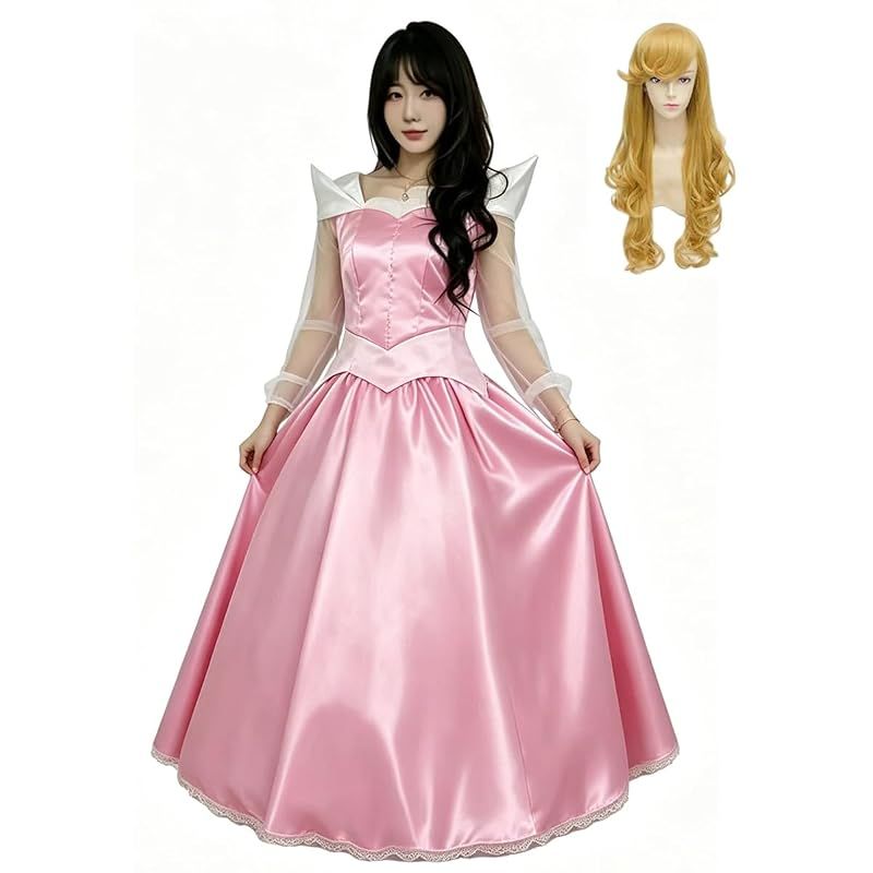 【新品】 [nightbaby] ナイトベビー 眠れる森の美女ドレス オーロラ姫 プリンセス コスプレ衣装 ウィッグセット レディース ピンク ワンピース お姫様ドレス 童話 ハロウィン 仮装 撮影用 パーティー イベント （ 女L 1