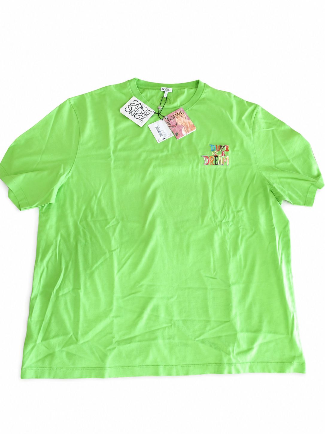 LOEWE（ロエベ）×リチャード・ホーキンス（Richard Hawkins）　２４AW　コラボ「DUMB AS A DREAM」グラフィック刺繍Tシャツ（ネオングリーン）　HSM1Y22J03　 半袖　Loose Fit（ルーズフィット）　Lサイズ　未使用