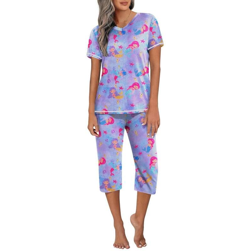 エコアー レディース アンダーウェア ナイトウェア Vネック パンツ キャップ Ekouaer Womensleepwear Capri Pajama Setshort Sleeve 2 Piece