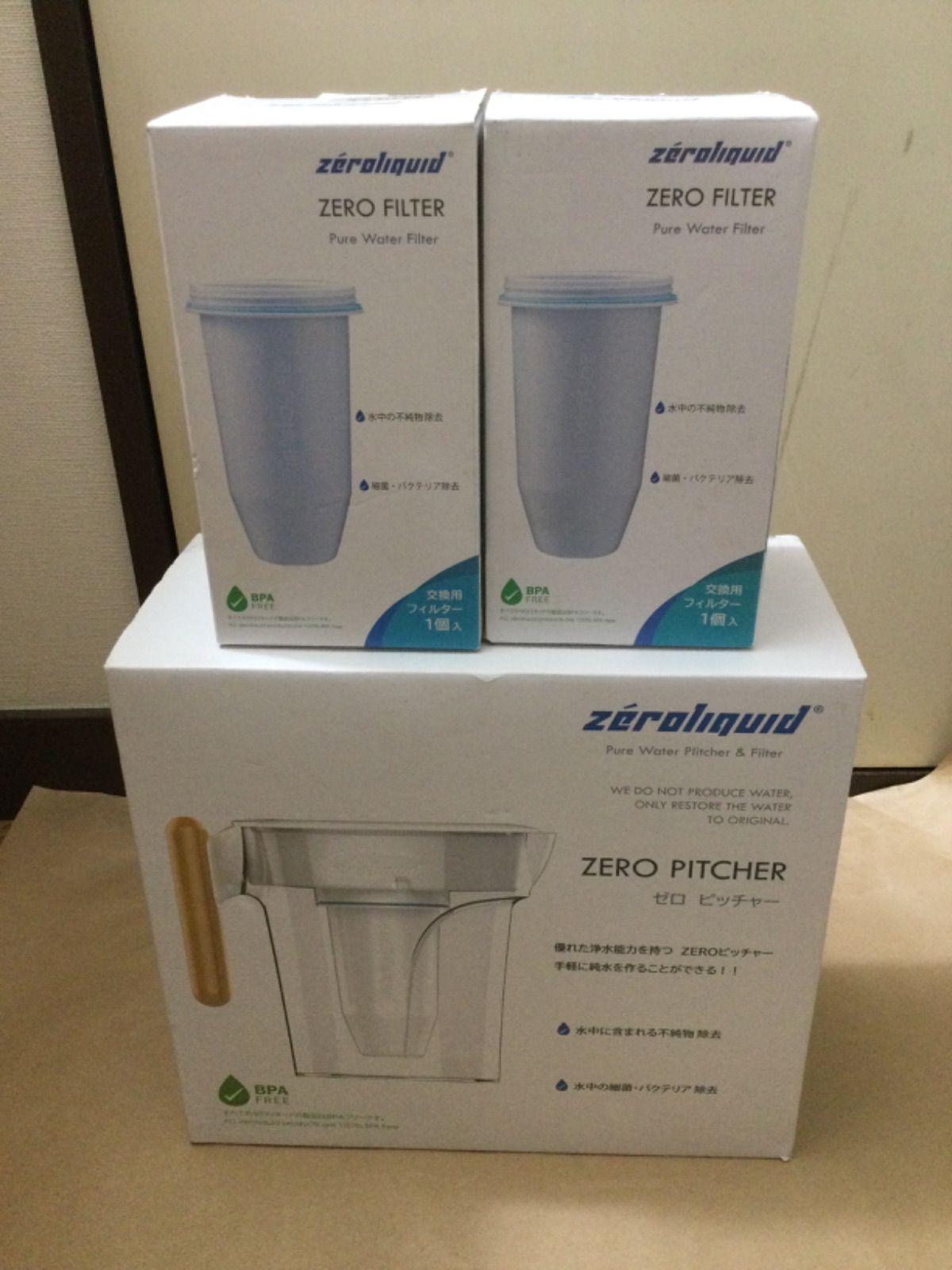 未使用新品 zeroliquid ZERO PITCHER ゼロ ピッチャー 浄水器本体 ZL-PT24W ZERO フィルターカートリッジ ZL-FL01 2個