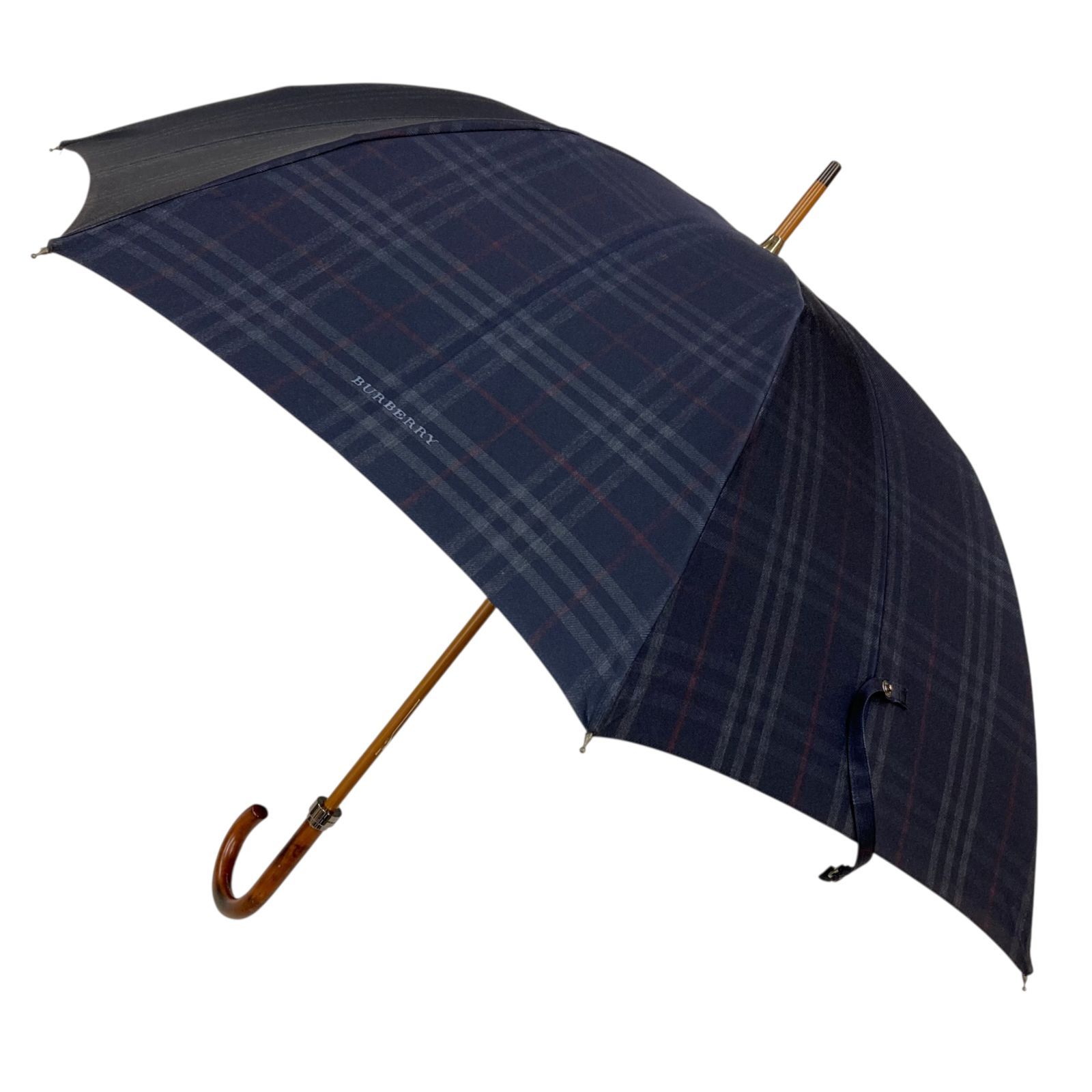 【バーバリー】本物 BURBERRY 傘 チェック柄 全長90cm ネイビー色系 雨傘 アンブレラ 雨具 メンズ レディース