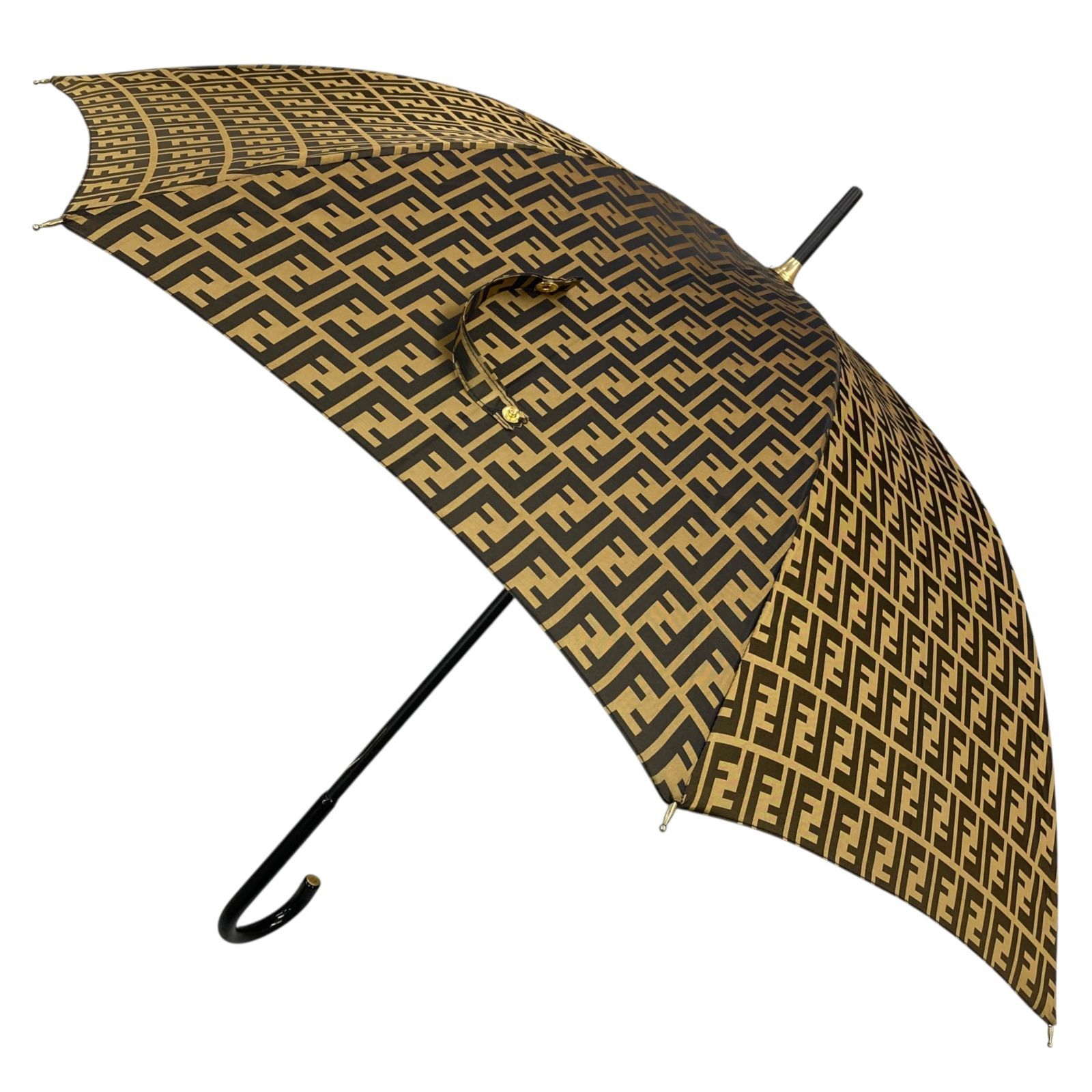 【フェンディ】本物 FENDI ズッカ柄 FF模様 全長87cm カーキブラウン色系 雨傘 アンブレラ 雨具 メンズ レディース イタリア製