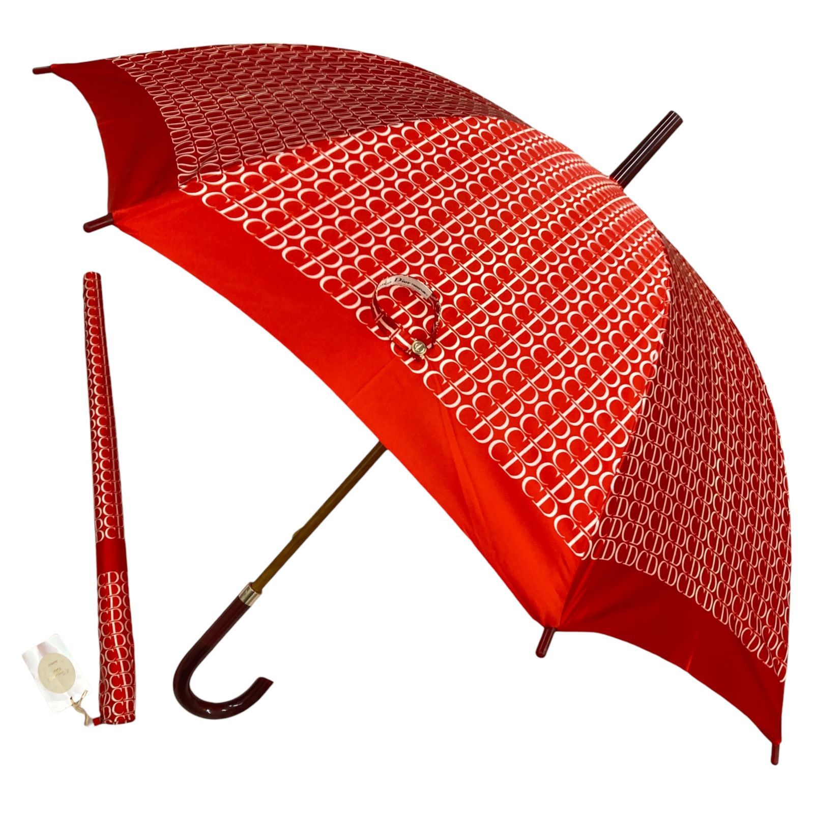 未使用品【ディオール】本物 Christian Dior 傘 CD総柄 全長84cm 赤色系 雨傘 アンブレラ 雨具 メンズ レディース カバー付き 16,330円