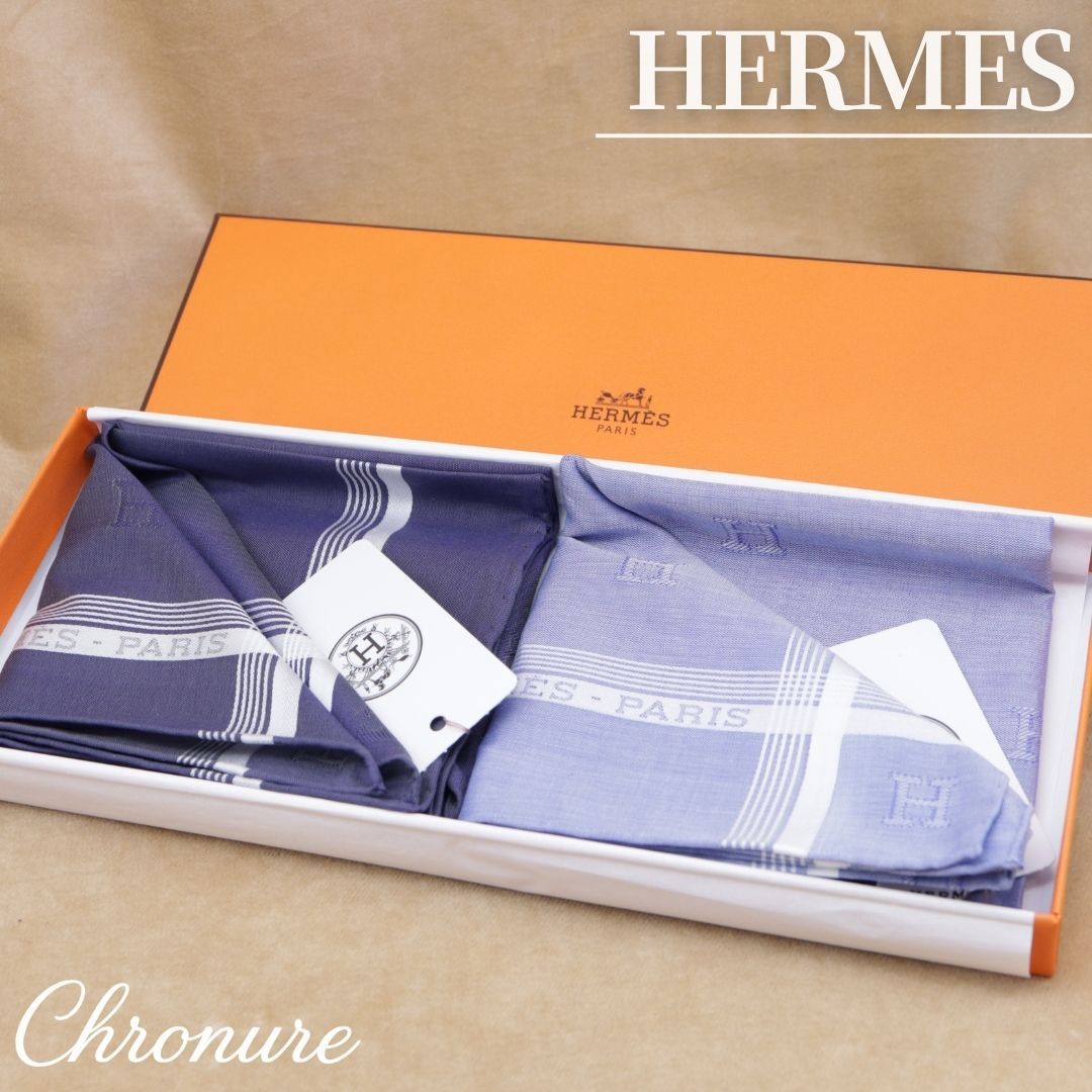 エルメス ハンカチセット HERMES Handkerchief Set メンズ ブルー ネイビー 綿100% 未使用 CH806