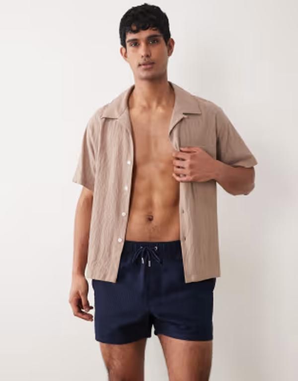 エイソス メンズ 水着 ハーフパンツ・ショーツ ショートパンツ ASOS DESIGN short length seersucker swim shorts NAVY ネイビー