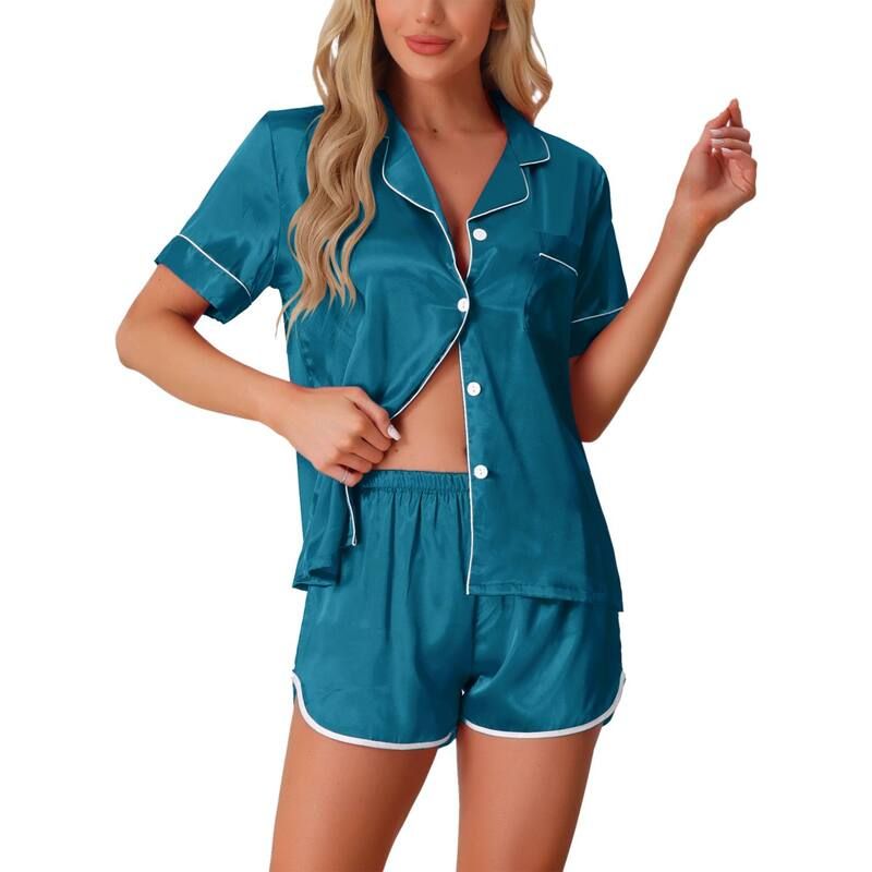 cheibear レディース アンダーウェア ナイトウェア ボタンダウン ショートパンツ サテン シルク ダウン cheibear Womensatin Silky 2 Piece Short Sle