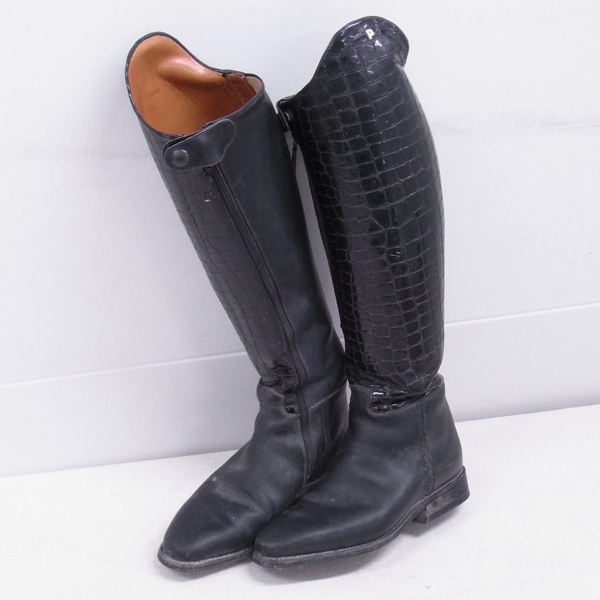 PETRIE ペトリ サブライム ブラック レザー クロコ型押しエナメルレザー ロングブーツ 24.5～25.0cm相当 乗馬用