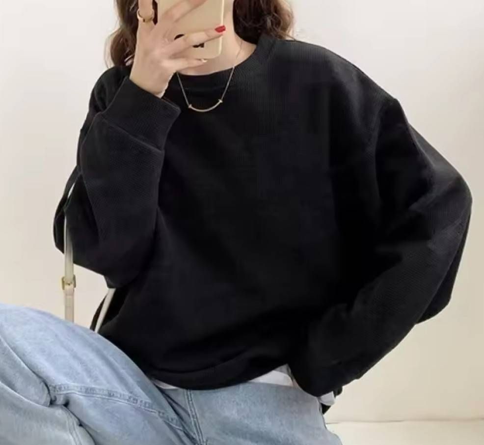 レディース 薄手 トレーナー 長袖 秋服 無地 ゆったり 体型カバー クルーネック トップス ブラック 黒 thumbnail 6