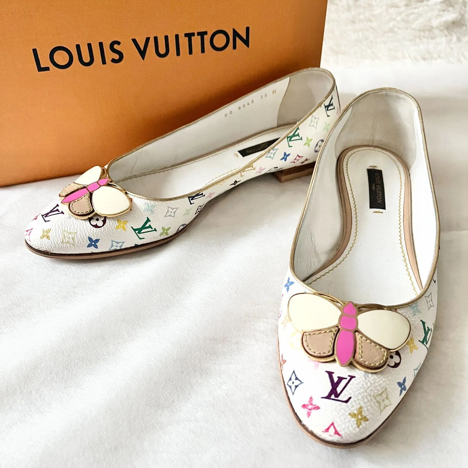 LOUIS VUITTON ルイヴィトン モノグラム マルチカラー バタフライ ホワイト パンプス フラットシューズ レディース 36サイズ 23.0cm相当