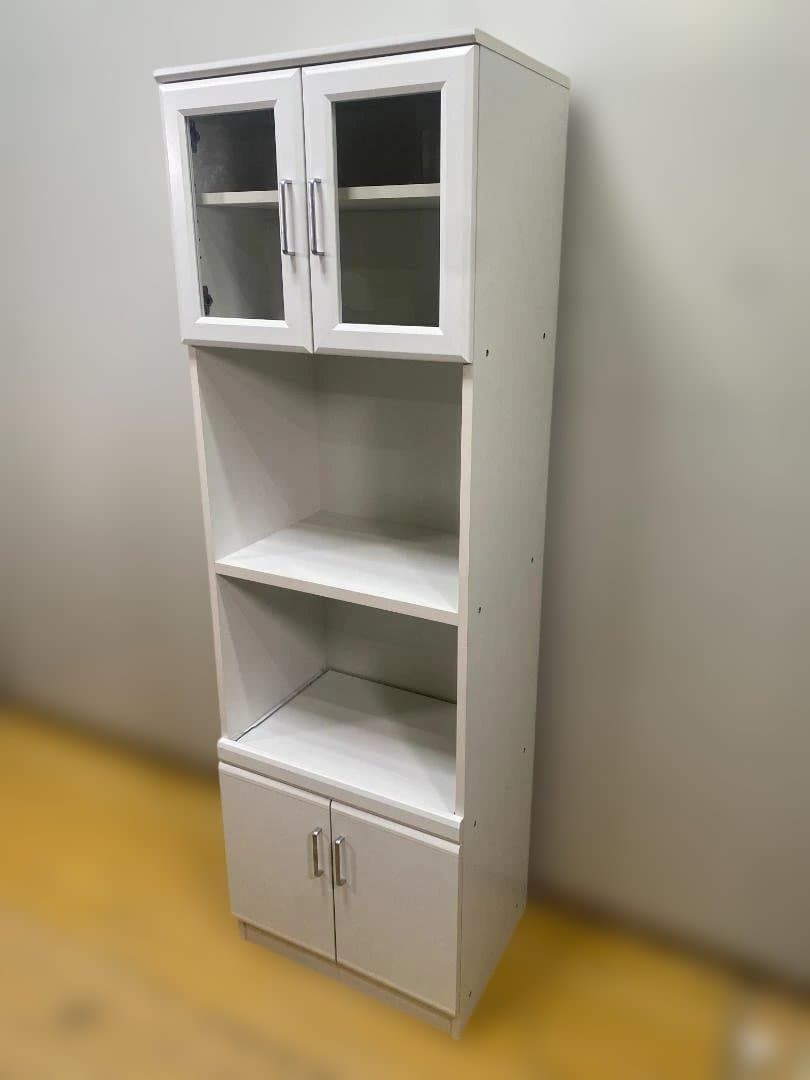 キッチンボード 食器棚 レンジ台 レンジボード ホワイト ガラス扉 上下収納 スライド棚 コンセント付き 炊飯器 電子レンジ 家電収納 137235-3-056