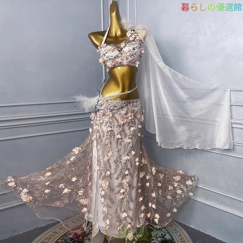 新品 新款 東方舞 ベリーダンス コスチューム - 舞い散る花びらのセット ベリーダンス 舞台衣装 セット ピンクM/L lf831