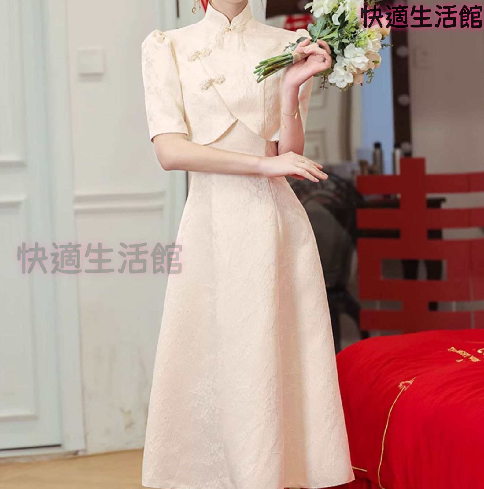 新品 チャイナドレス シャンパンカラー 花柄 ツーピース 半袖ショートボレロ付き 立ち襟 着痩せ 膝丈 フレアスカート 膝丈 お洒落 ワンピース レディース フォーマル パーティー 二次会 1092 lf0831