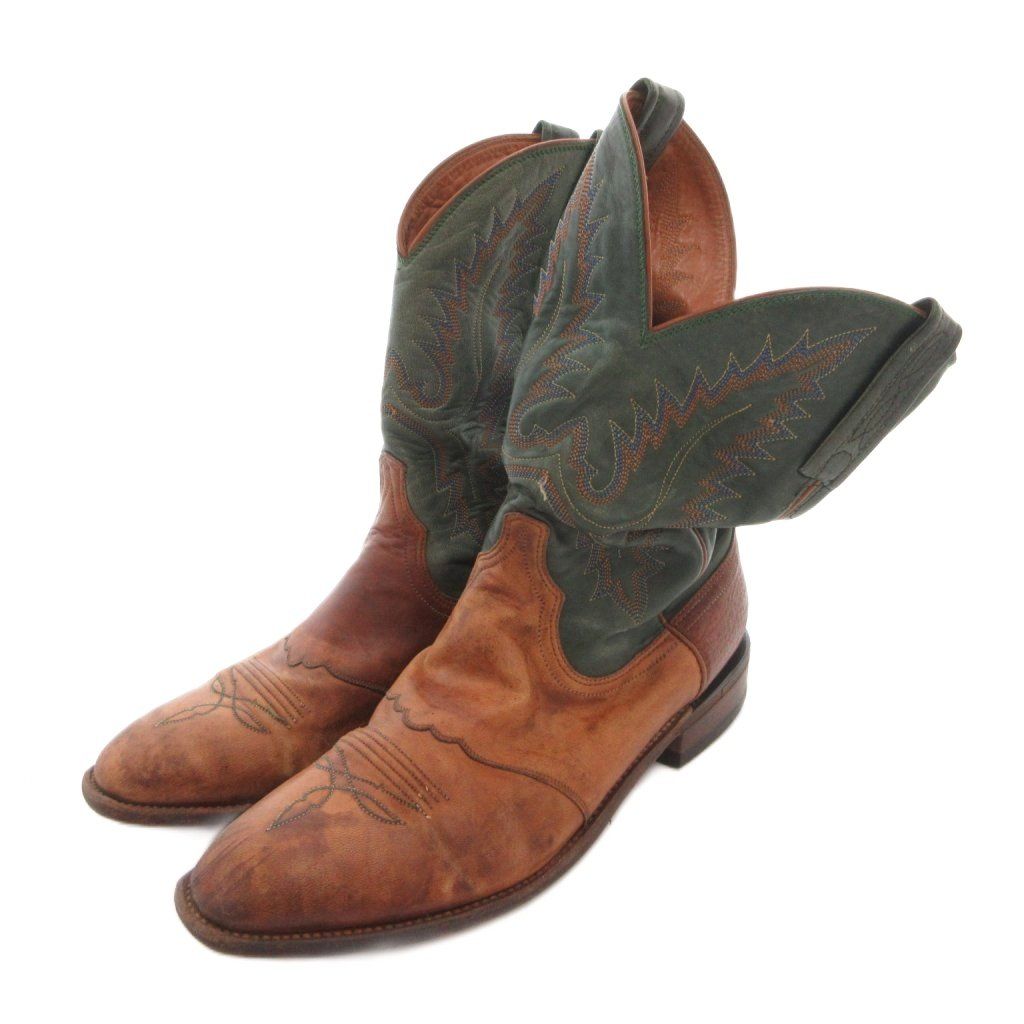 ルケーシー Lucchese Lucchese2000 ウエスタンブーツ ミドル ステッチ レザー 9.5 茶 ブラウン 緑 グリーン /FF ■GY18