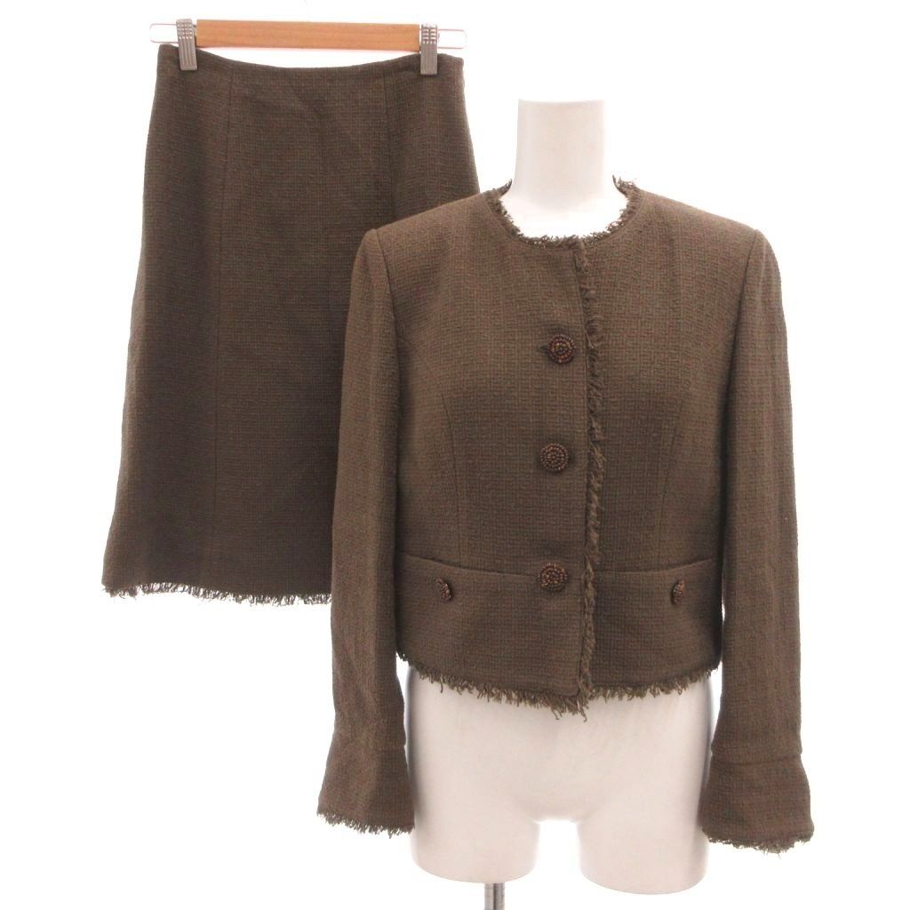 フォクシー ブティック FOXEY BOUTIQUE ツイード セットアップ フォーマル ノーカラージャケット フレアスカート フリンジ ショート丈 38 総裏地 茶 ブラウン /GV ■GY80