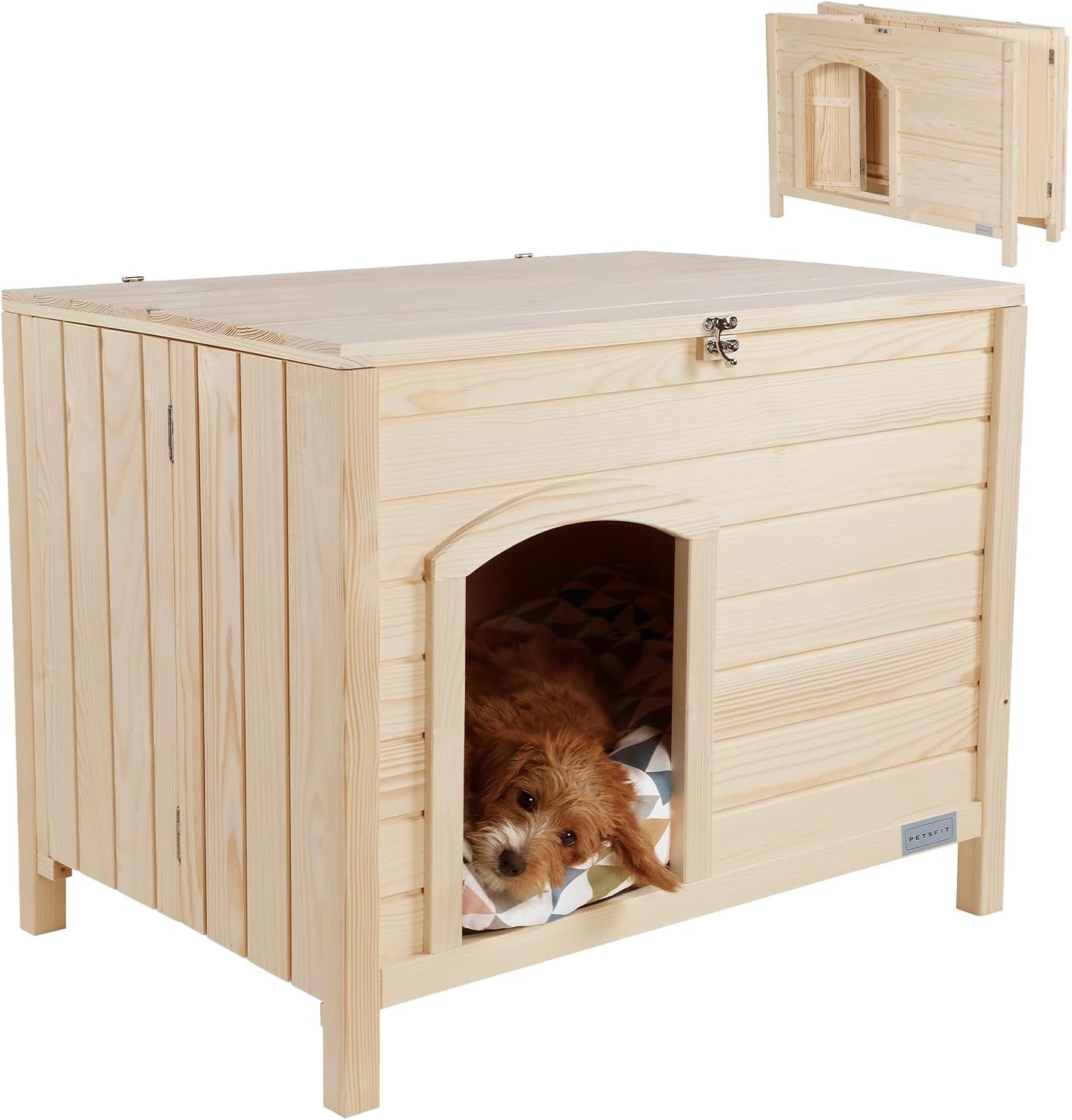 petsfit 犬小屋 組み立て不要 猫小屋 収納できる猫トイレ 猫用トイレ収納カバー 天然木 杉 小屋 犬舎 猫舎 木製ゲージ 小型犬/中型犬 すのこ おしゃれ 収納便利