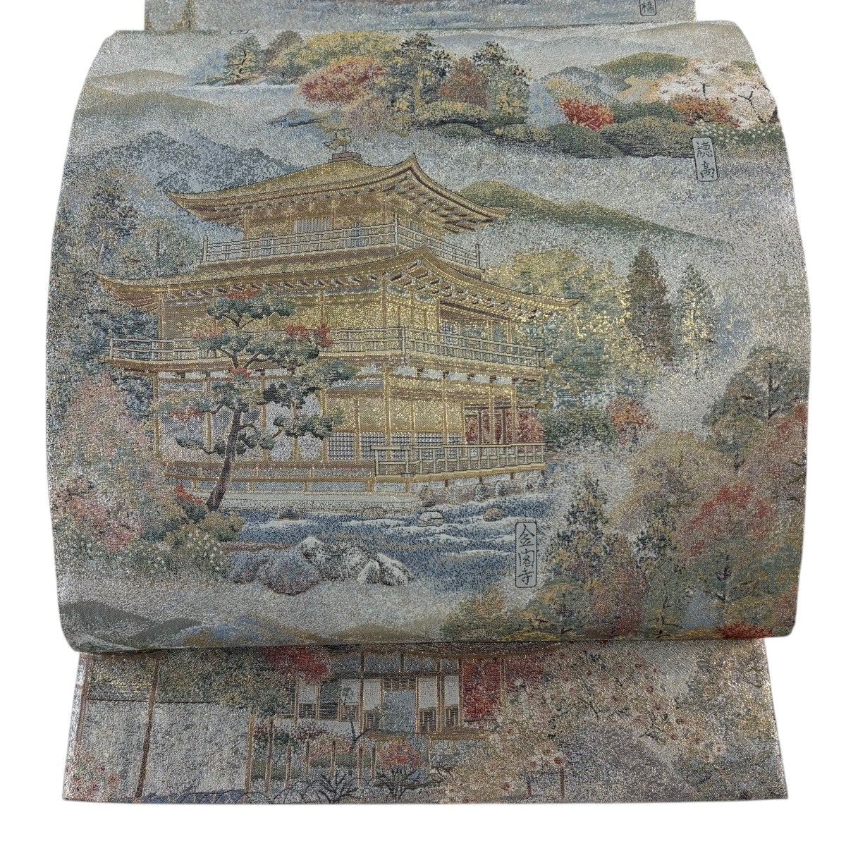 丸帯 名品 日本紀行 風景 箔 銀色 お太鼓柄 正絹 【中古】