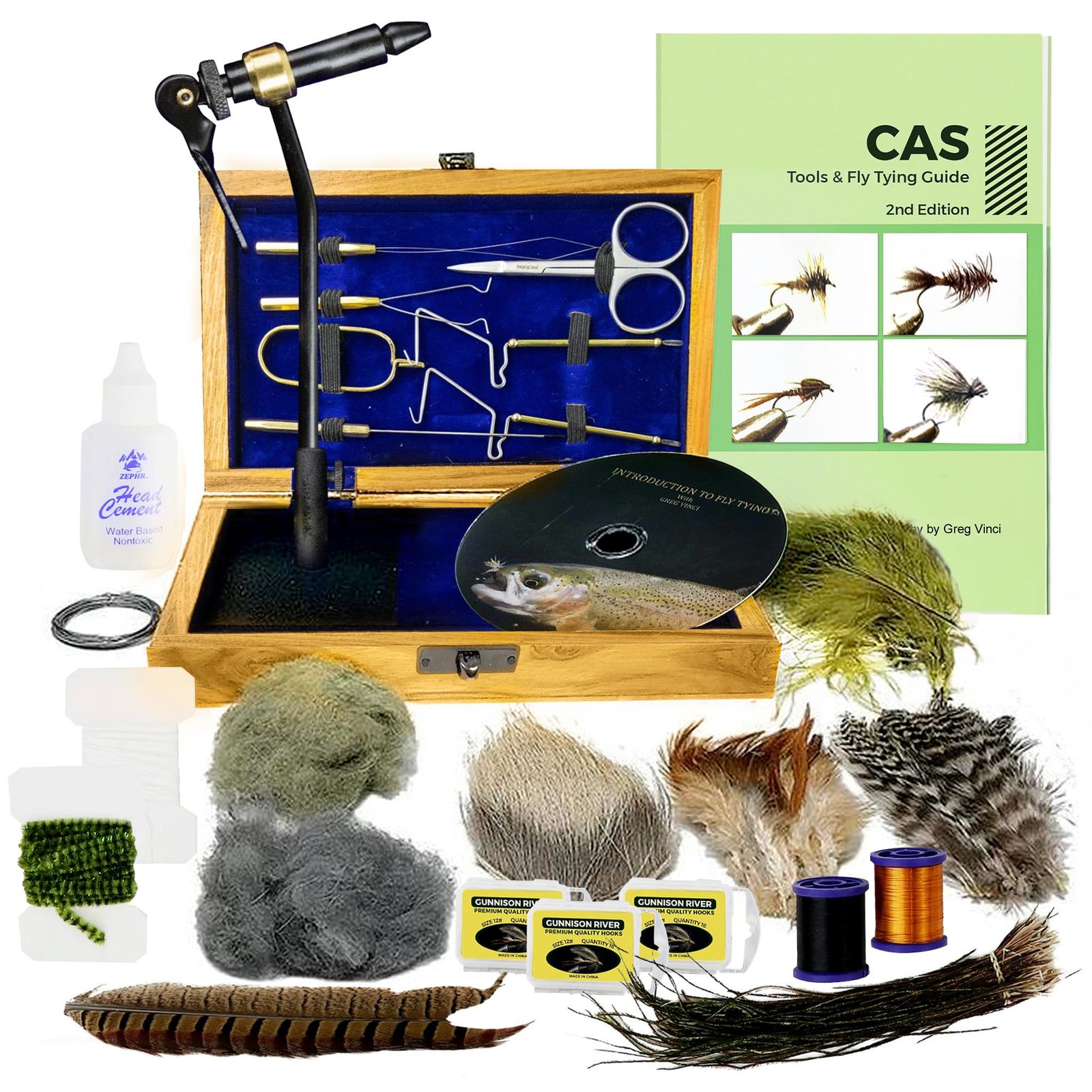 Creative Angler フライタイイング標準ツールキット 木製ボックス、ブック&DVD、ロータリーバイス、ボビン、はさみ、ホイップフィニッシャー、初心者&プロ向けフライフィッシング完全セット