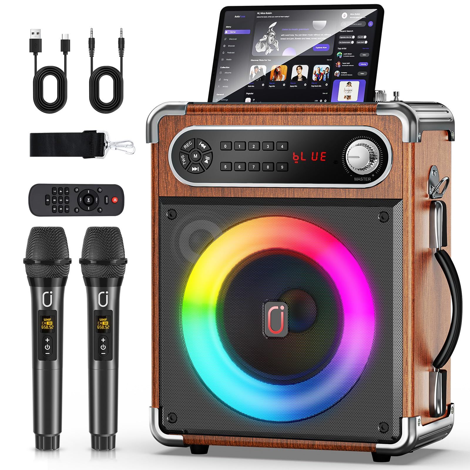 JYX スピーカーセット 拡声器 ワイヤレスマイク２本 Bluetooth 5.0対応 高低音強化機能搭載 充電式 ポータブル ホームパーティー、カラオケ、街頭スピーチ、会議 、学校行事、セミナー、室外、防災、路上ライブ、イベントなどに適用 木 色 0 12,090円