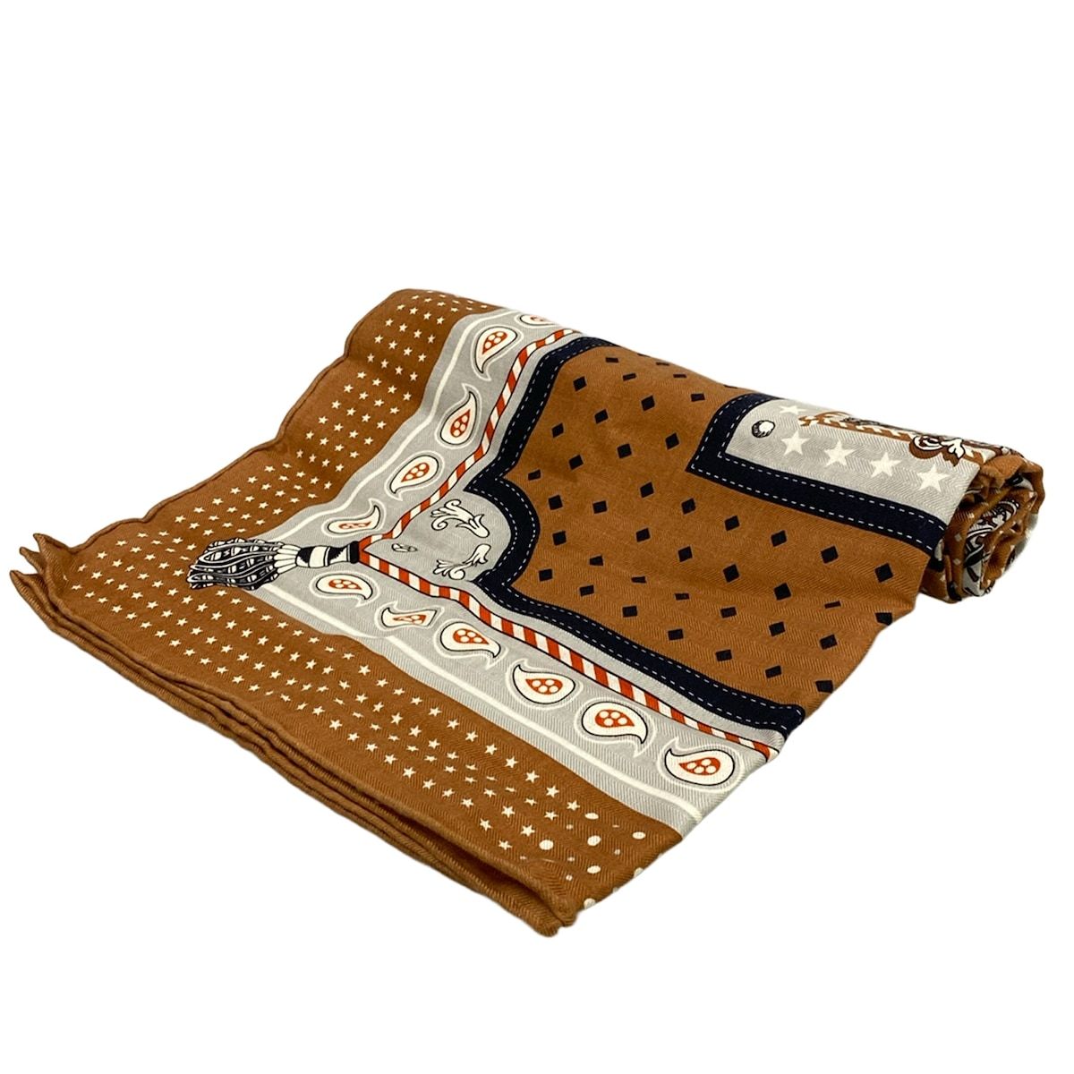 HERMES(エルメス) ストール(ショール)美品 カレ140 ブラウン×ライトグレー×マルチ HARNAIS DE COUR カシミヤ、シルク