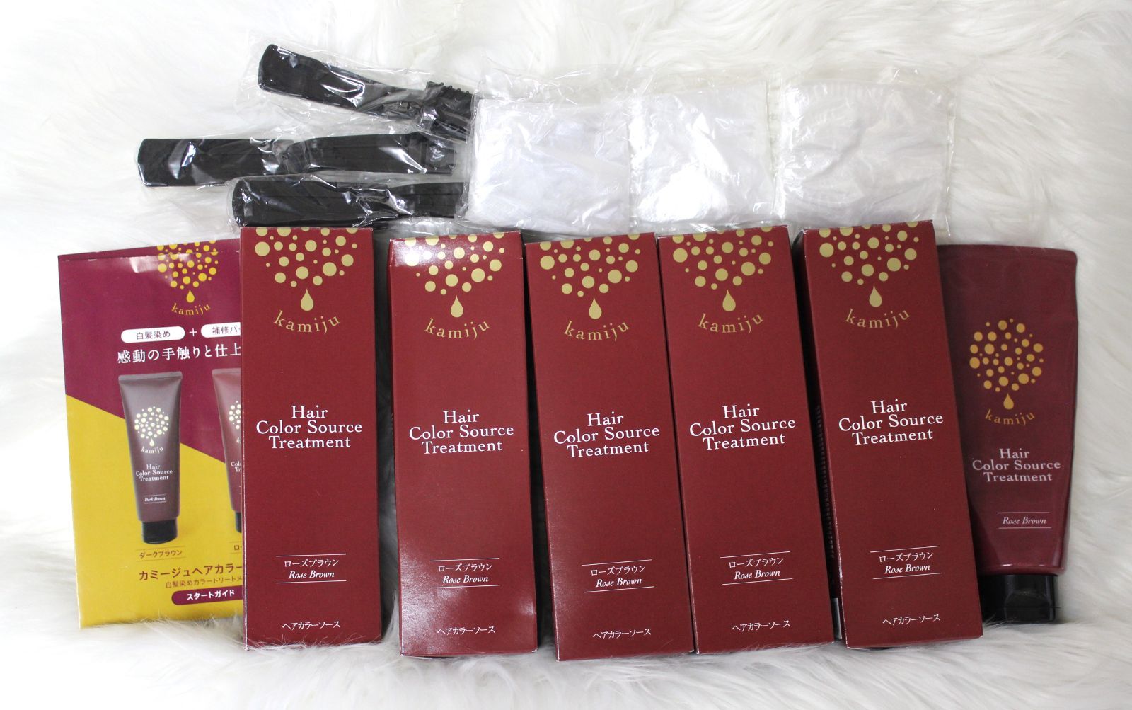 【カミージュ　ヘアカラーソース　ローズブラウン　内容量200g中約6割程残っています×1本+＜未使用＞×5箱　6個セット】