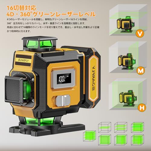 【改良型】SOARFLY レーザー墨出し器 グリーンレーザー 4D 16ライン 360°フルライン 自動補正 高精度 リモコン操作 受光器対応 電量表示LCD 大容量バッテリー×2付属 エレベーター三脚・収納ケース付き 内装工事 建築測量 墨出し作業用★