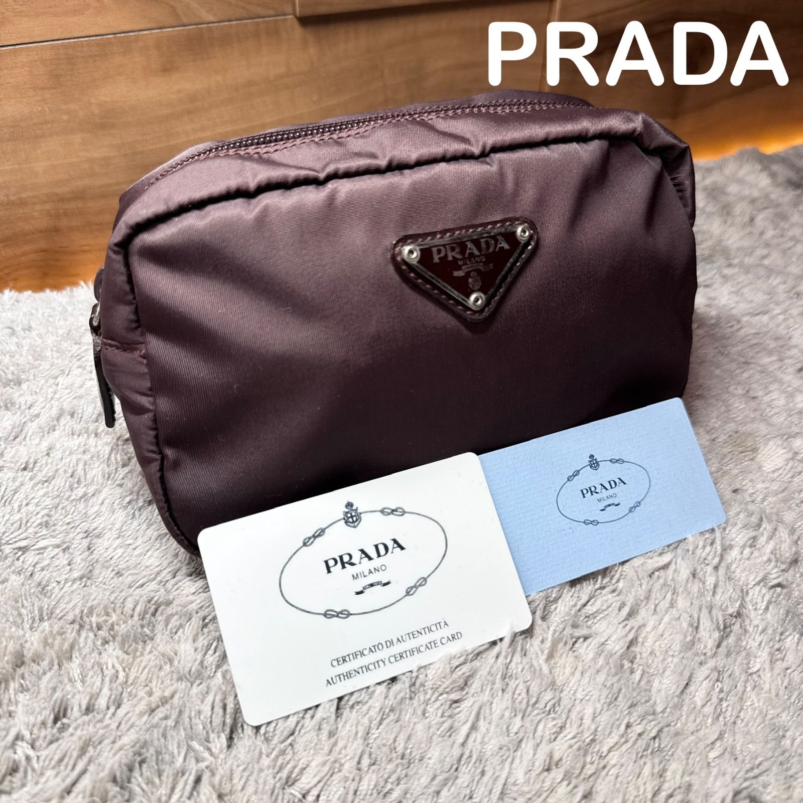 PRADA プラダ ポーチ コスメポーチ 三角ロゴ プレート テスート ナイロン ボルドー MV21 Gカード付き