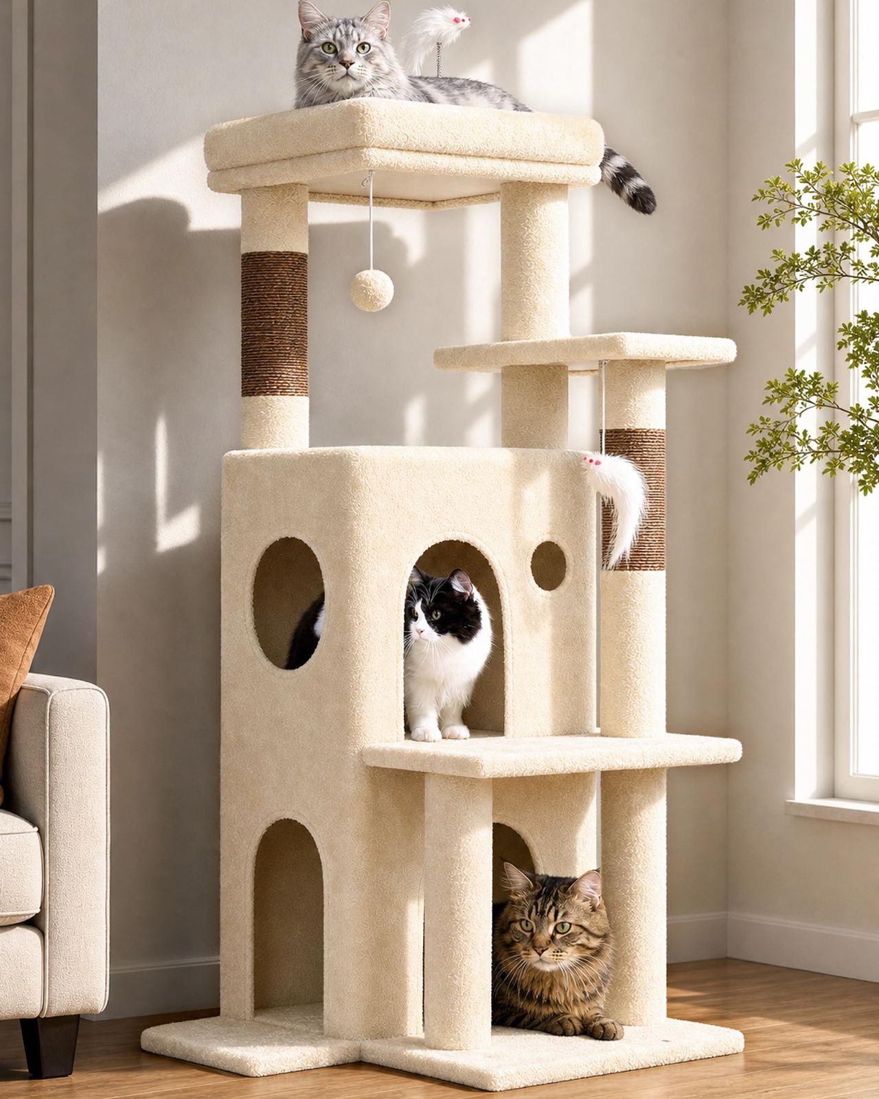 ベージュ 高さ128cm 省スペース 強い安定性 二層式巨大キャットハウス 多頭飼い 据え置き 低い キャットタワー FC50 Globlazer