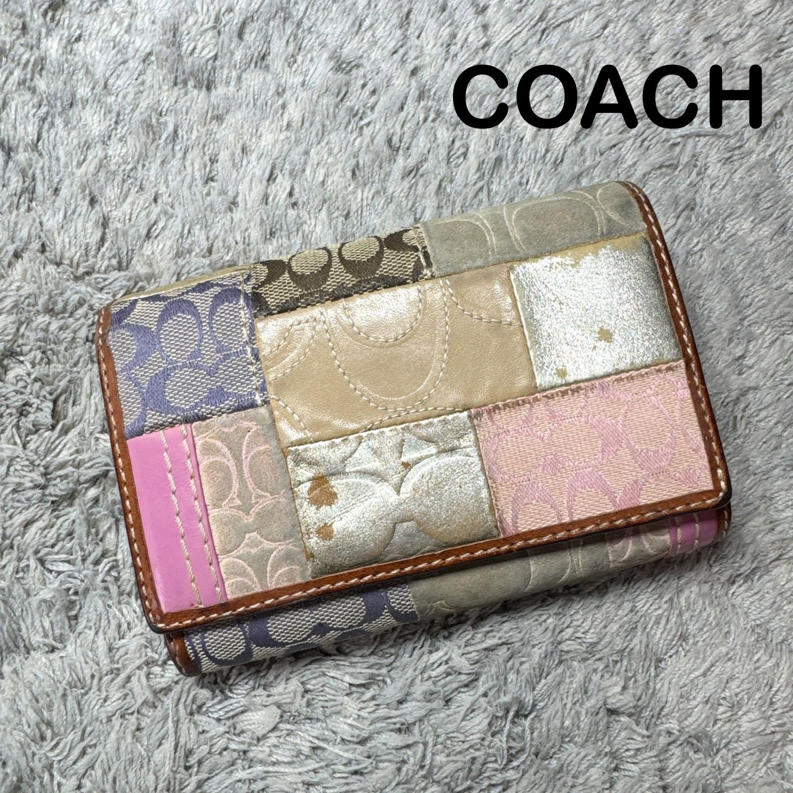 COACH コーチ シグネチャー パッチワーク 二つ折り財布 マルチカラー レザー キャンバスCOACH;Minor damages/stains