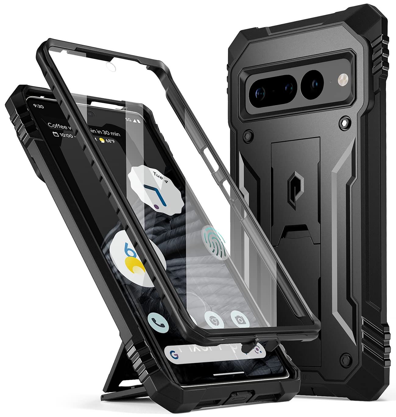 Poetic Revolution ケース Pixel 7 Pro 5G対応 フルボディ 頑丈 耐衝撃 保護カバー ケース キックスタンド付き 内蔵スクリーンプロテクター 指紋ID対応 ブラック [ブラック]