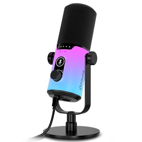 FDUCE USB/XLR ゲーミング ダイナミック マイク ポッドキャスト録音用 PC コンピューター ゲーミング ストリーミング ボーカル マイク RGB ライト、ミュート ボタン、ゲイン ノブ、ヘッドフォン ジャック、デスクトップ スタンド付き (D2★