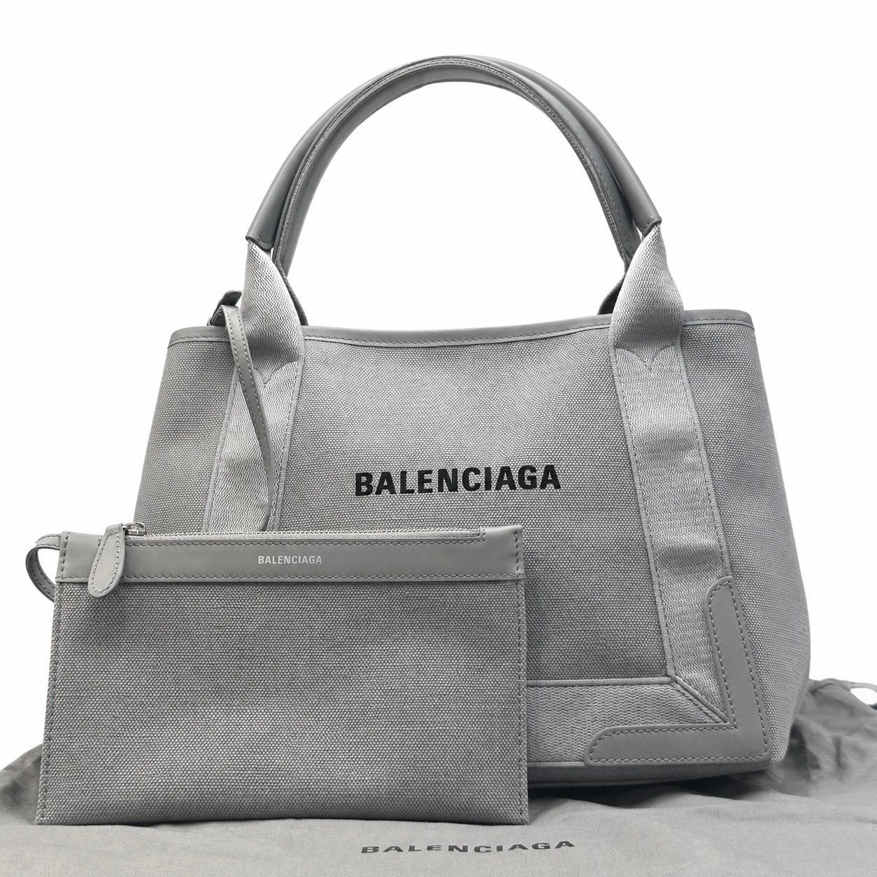 【美品】BALENCIAGA バレンシアガ ネイビーカバスS グレー ハンド トートバッグ 付属品付き 男女兼用 ユニセックス キャンバス レザー 収納力 カジュアル 人気 定番 中古 当店基準真贋確認済