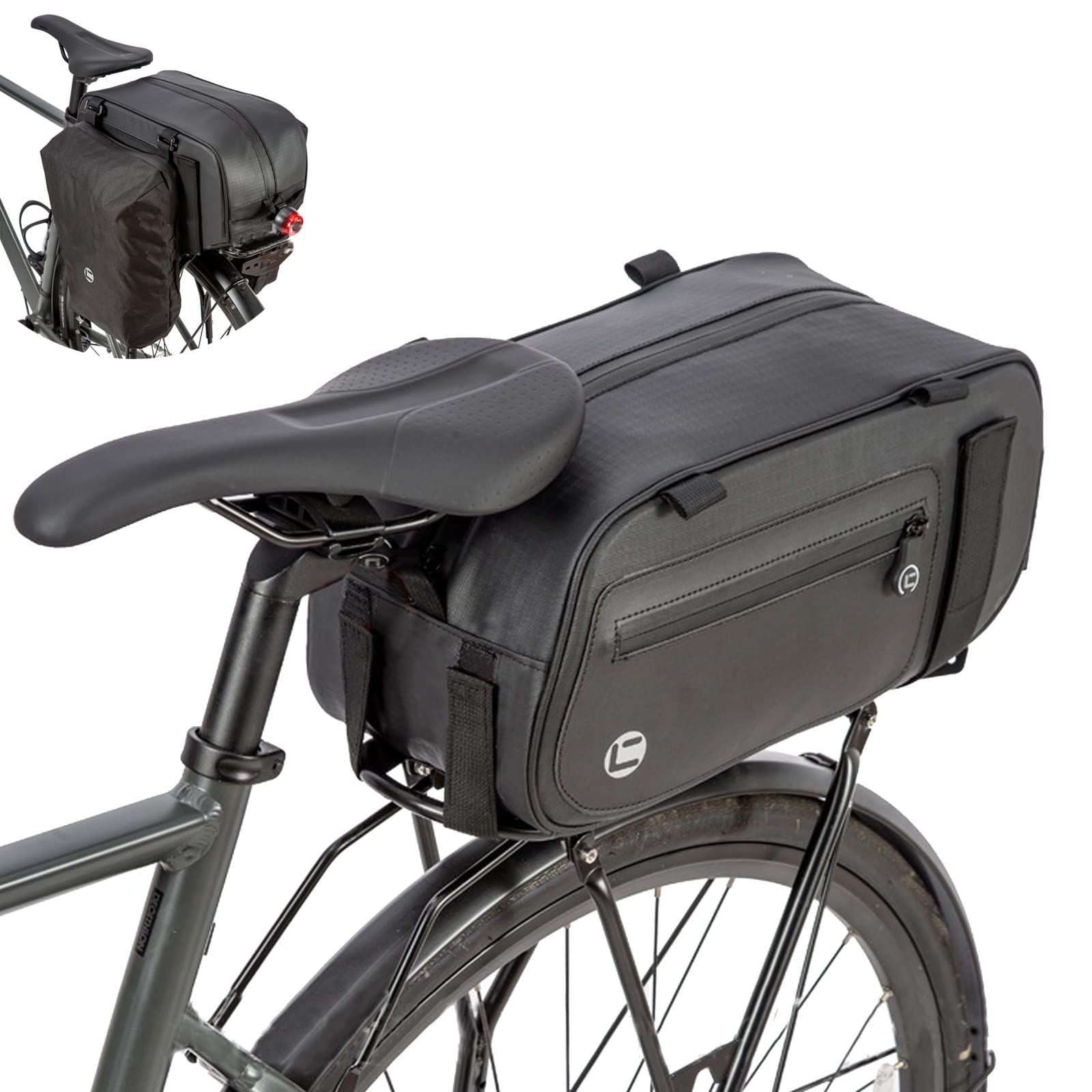 BAIGIO 自転車トランクバッグ 防水 自転車リアラック パニア 拡張可能 10-25L サイクリングキャリアラック 延長ショルダーストラップ&レインカバー付き ブラック - 14.5インチ x 6.1インチ x 6.9インチ