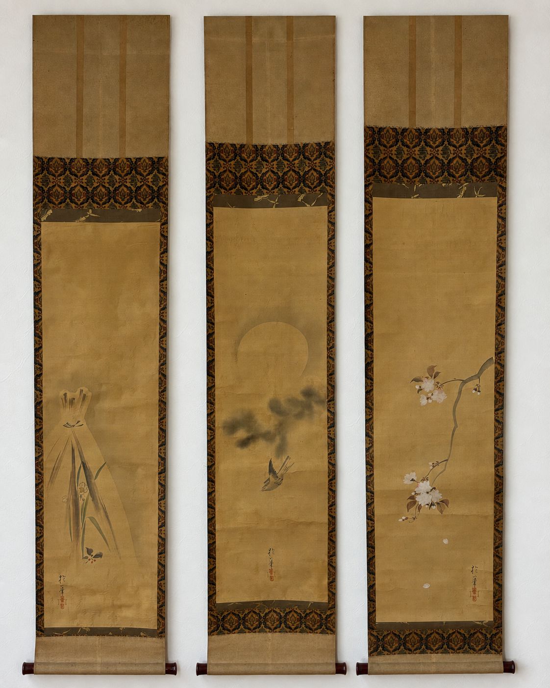 酒井抱一 三幅対 掛軸 花鳥図 桜 月 芦 絹本 琳派 骨董品