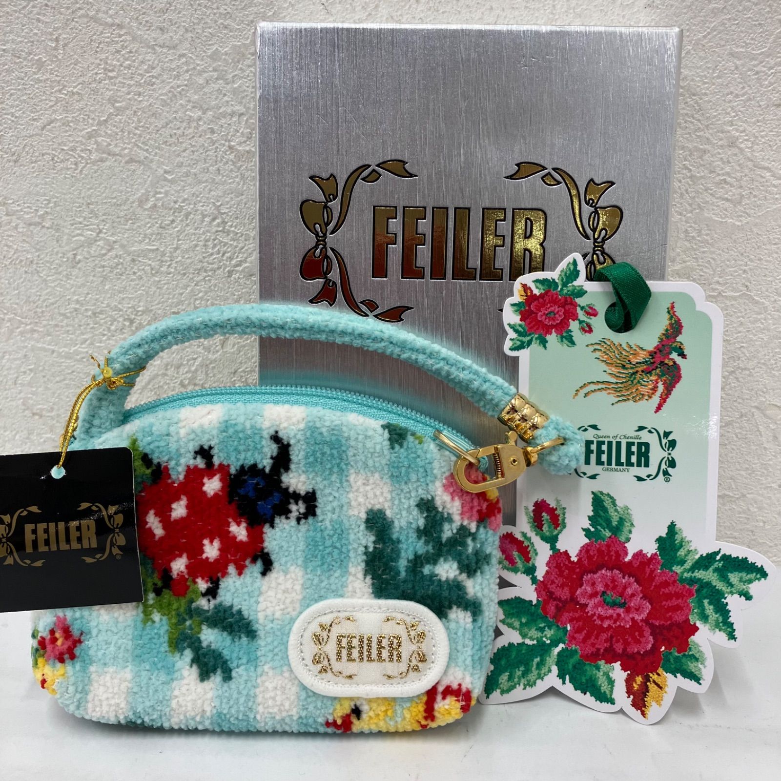 7566 【美品】 FEILER フェイラー タグ付き ハイジチェック 持ち手付き