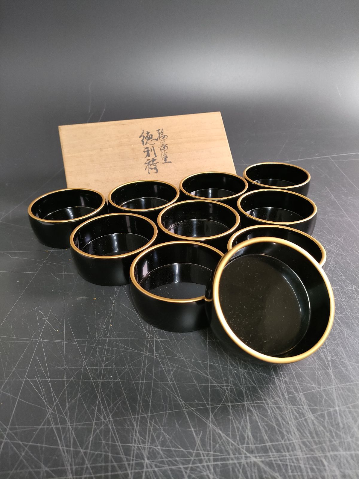 S28-1/梅島 窯/徳利袴10客/黒塗 金彩/茶器/酒器/共箱/茶道具/懐石道具/懐石料理